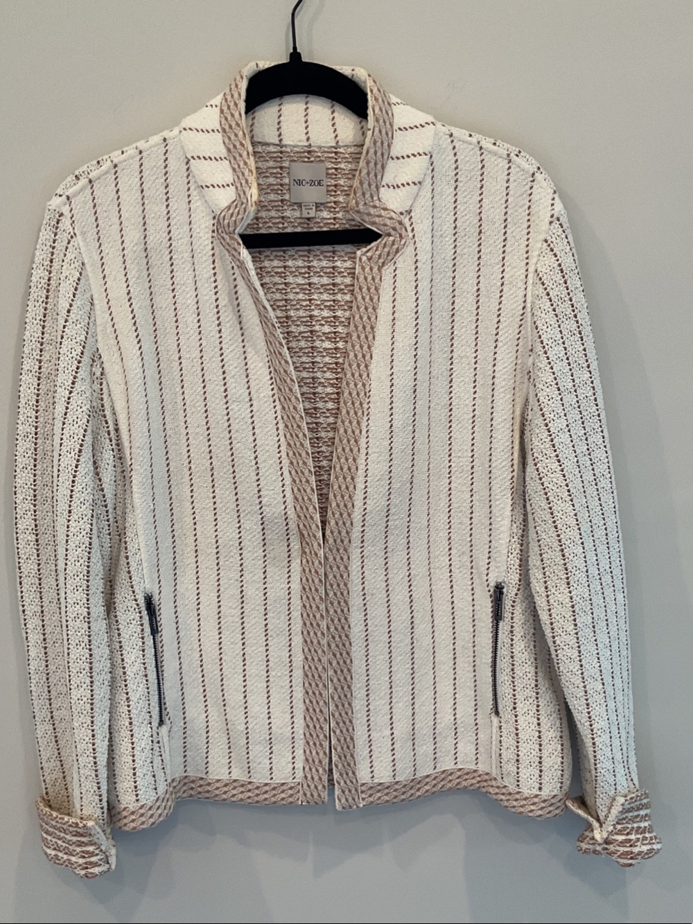 NIC+ZOE Cream and Tan Striped Knit Open Blazer
